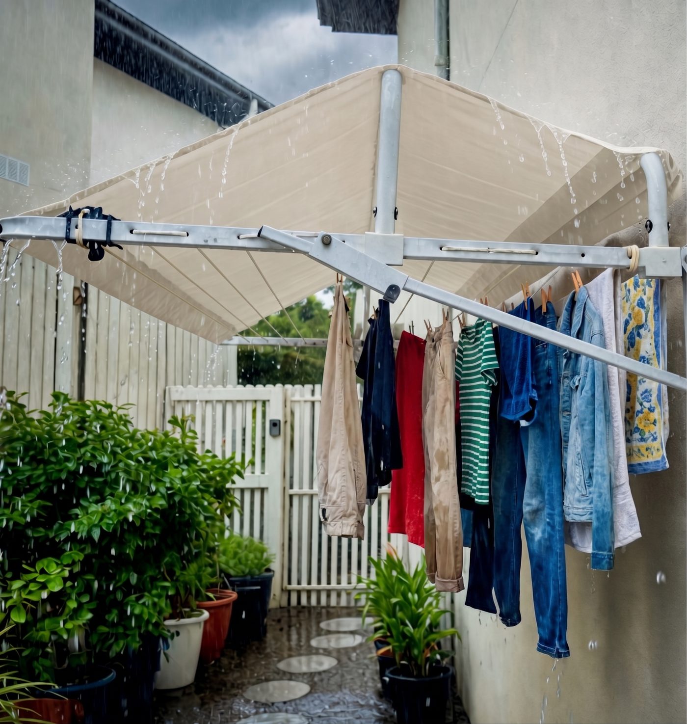 Weather Cover Guard shedding heavy rain while the washing underneath stays dry on the inner lines